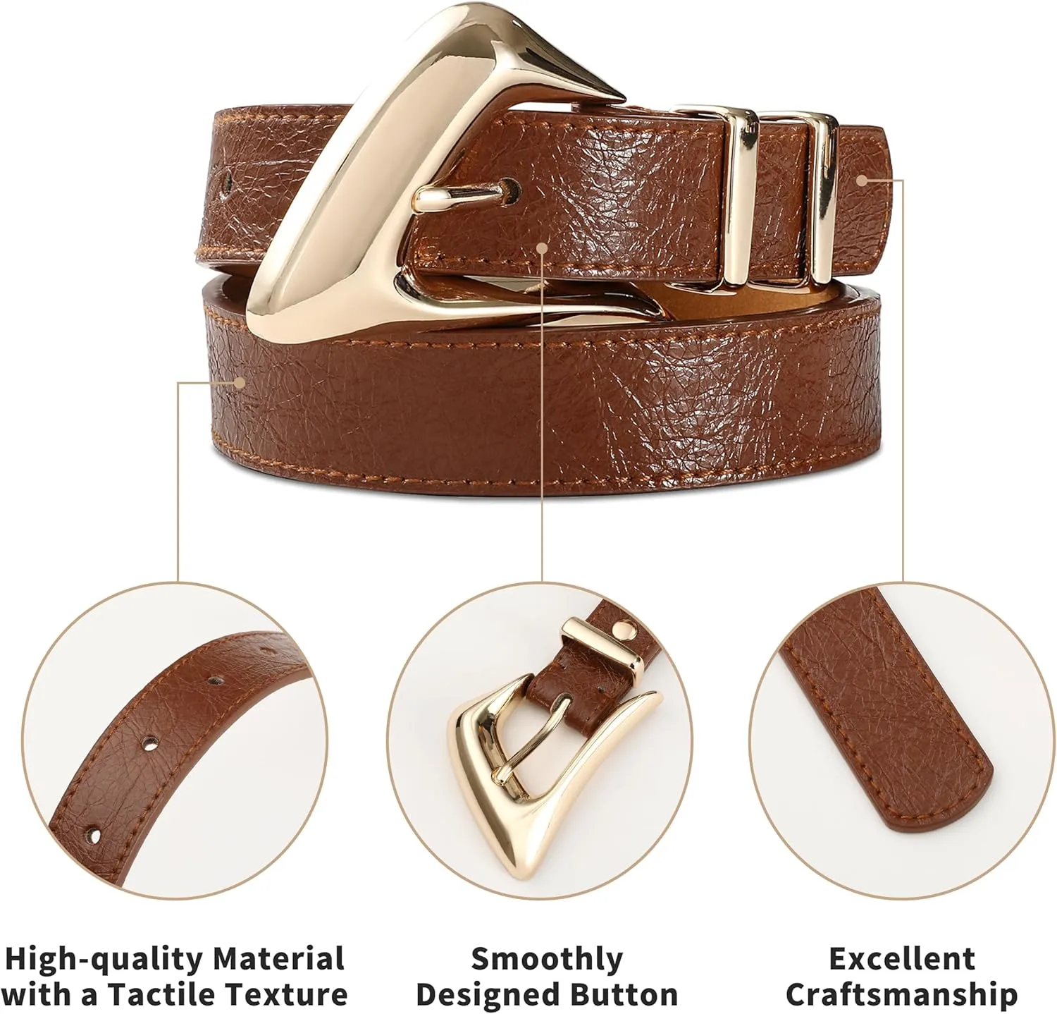 Women's Brown Belt Trend Belt with Gold Buckle Fashion Leather Waist Belt for Jeans Pants
