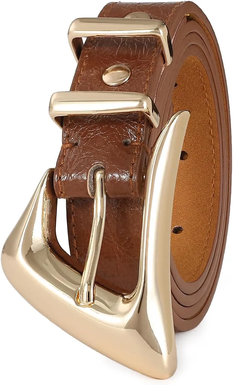 Women's Brown Belt Trend Belt with Gold Buckle Fashion Leather Waist Belt for Jeans Pants