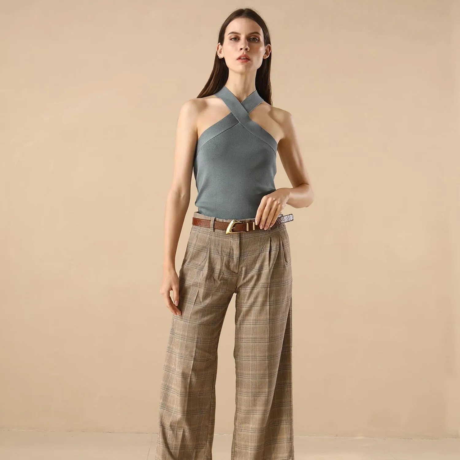 Women's Brown Belt Trend Belt with Gold Buckle Fashion Leather Waist Belt for Jeans Pants