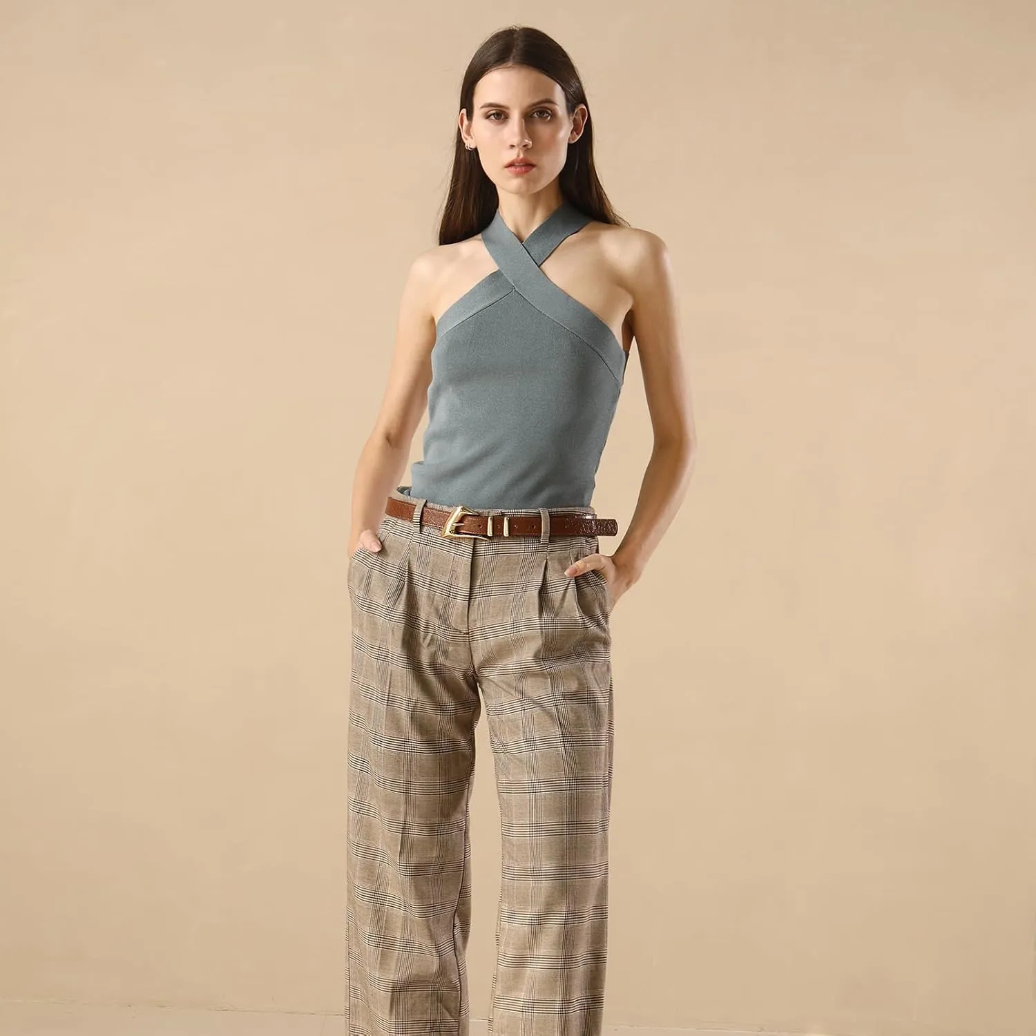Women's Brown Belt Trend Belt with Gold Buckle Fashion Leather Waist Belt for Jeans Pants