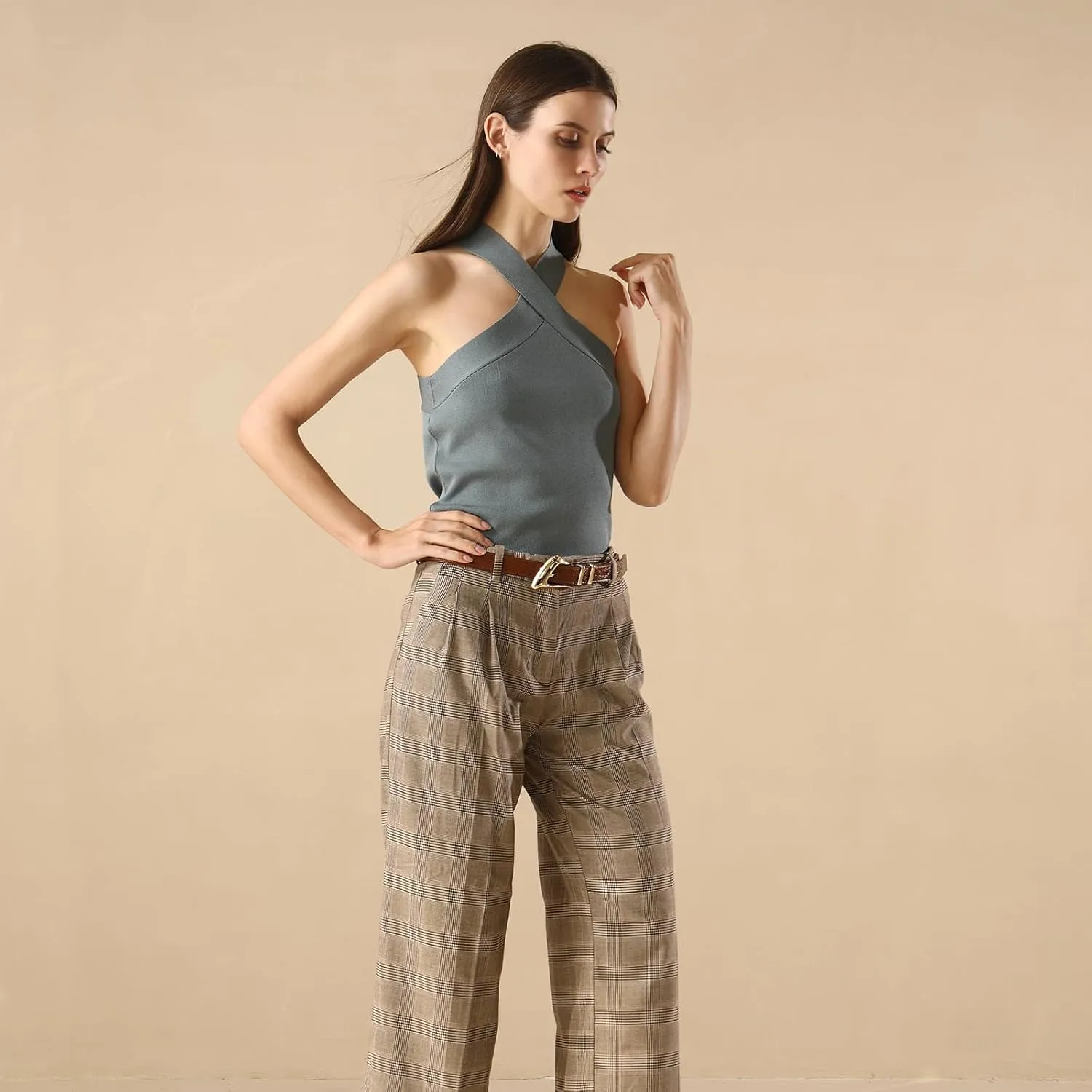 Women's Brown Belt Trend Belt with Gold Buckle Fashion Leather Waist Belt for Jeans Pants