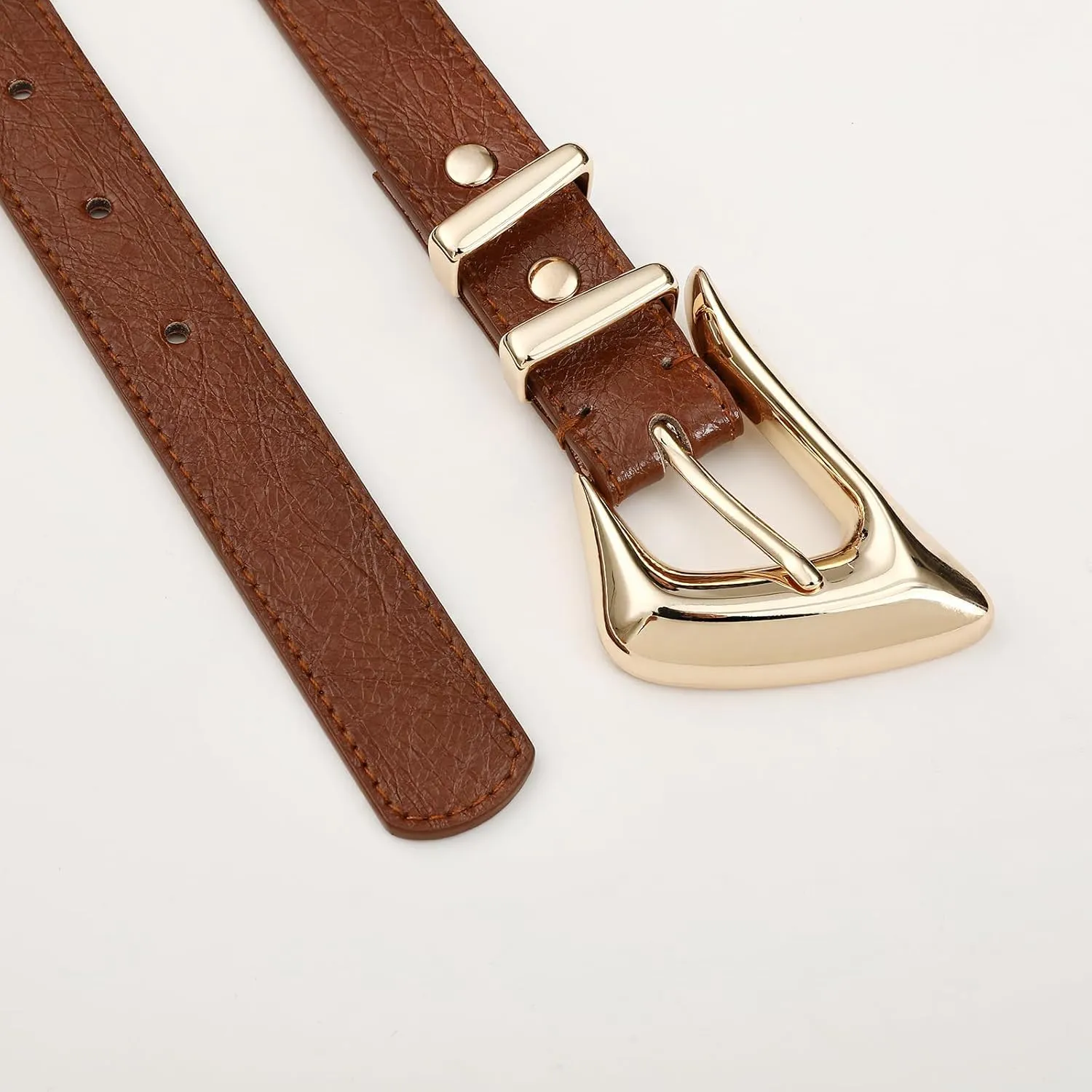Women's Brown Belt Trend Belt with Gold Buckle Fashion Leather Waist Belt for Jeans Pants