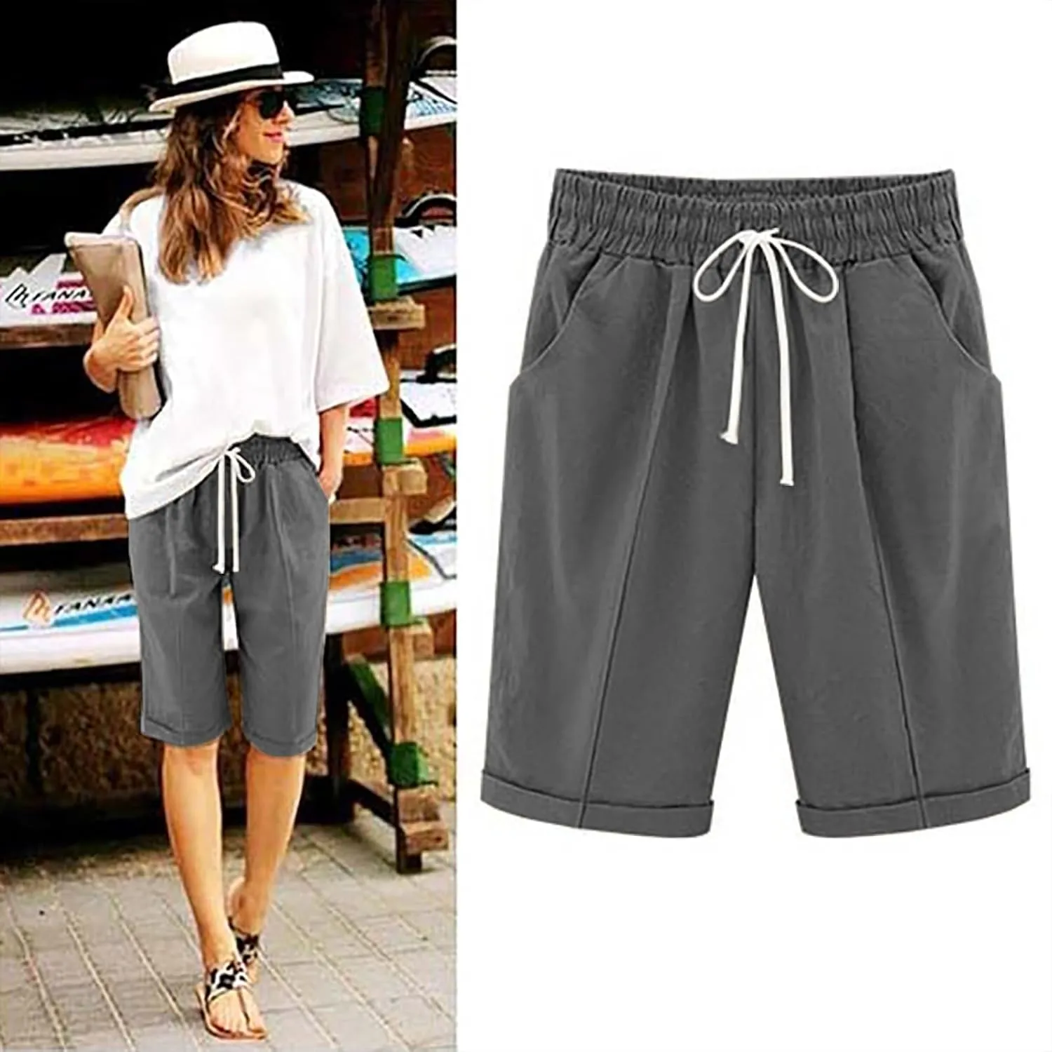 Womens Cotton Linen Bermuda Shorts Summer Lightweight Straight Leg Knee Length Beach Short Pants with Drawstring