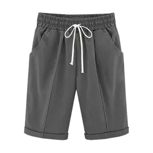Womens Cotton Linen Bermuda Shorts Summer Lightweight Straight Leg Knee Length Beach Short Pants with Drawstring
