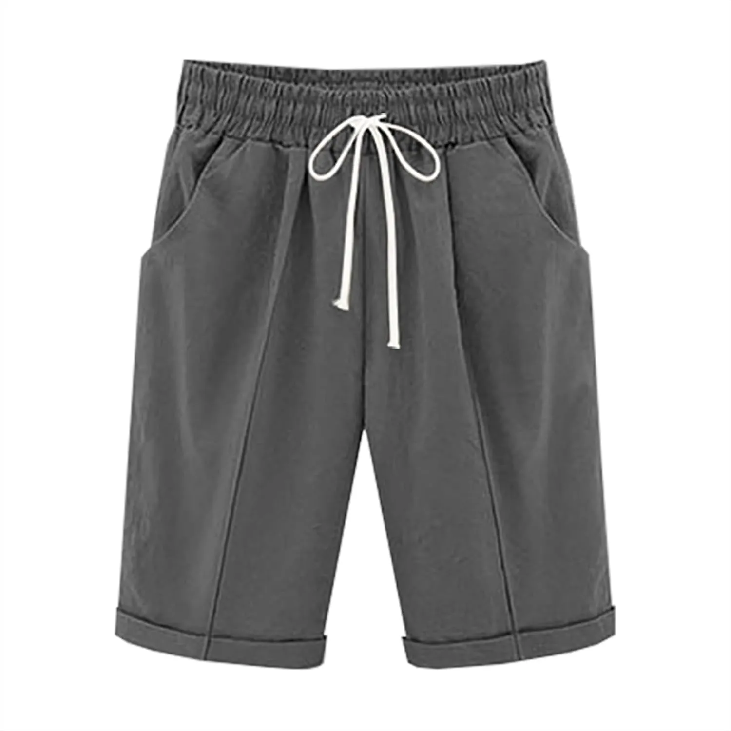 Womens Cotton Linen Bermuda Shorts Summer Lightweight Straight Leg Knee Length Beach Short Pants with Drawstring