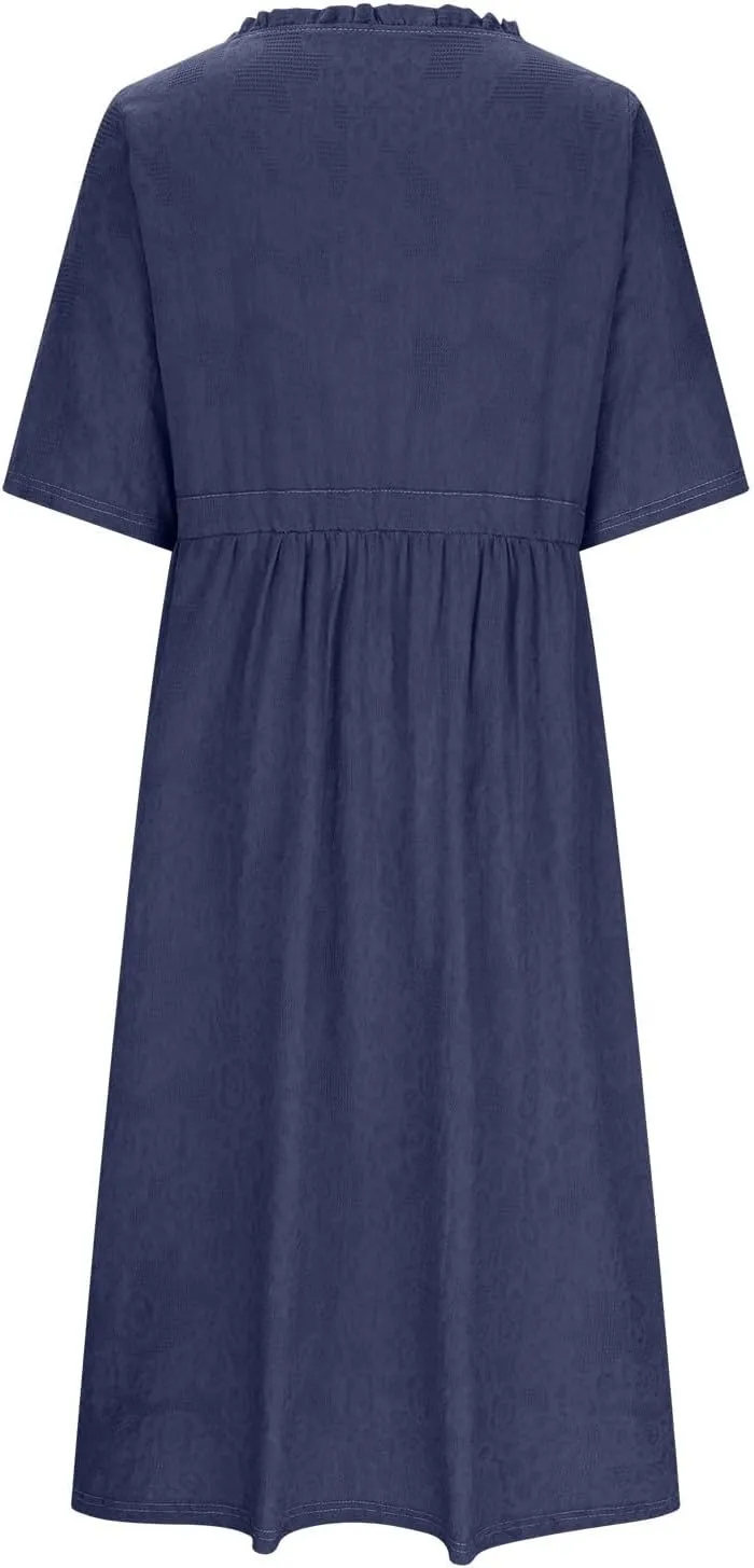 Women's Cotton Linen Dresses Summer Embroidered Sleeve A Line Comfy Cotton Maxi Dress Trendy Summer Vacation Clothes