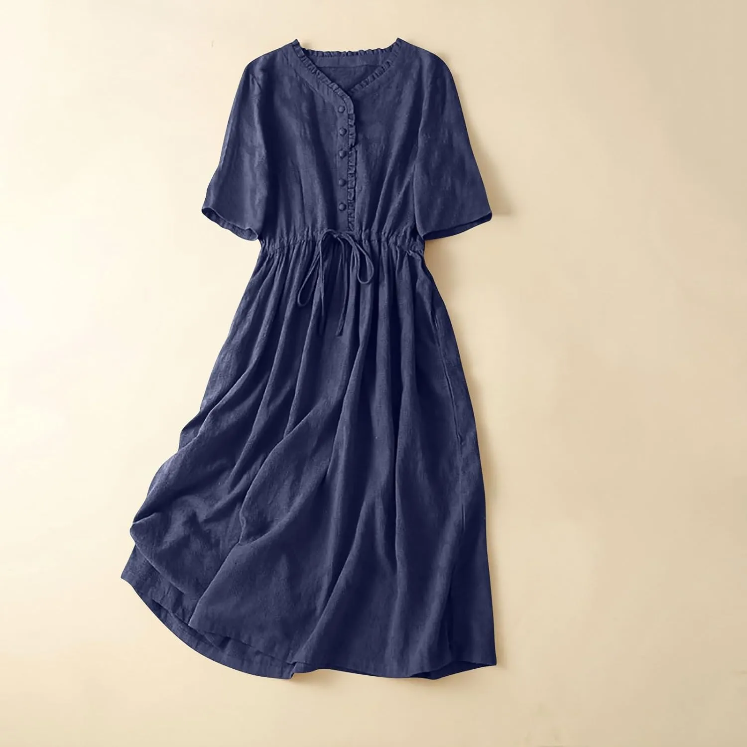 Women's Cotton Linen Dresses Summer Embroidered Sleeve A Line Comfy Cotton Maxi Dress Trendy Summer Vacation Clothes