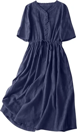 Women's Cotton Linen Dresses Summer Embroidered Sleeve A Line Comfy Cotton Maxi Dress Trendy Summer Vacation Clothes