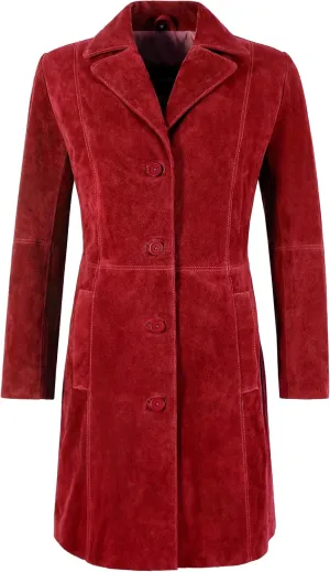 Women's Elegant Trench Coat Classic Real Suede Leather Knee-Length Slim Fit Coat 3457