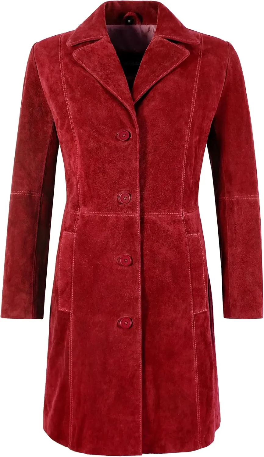 Women's Elegant Trench Coat Classic Real Suede Leather Knee-Length Slim Fit Coat 3457