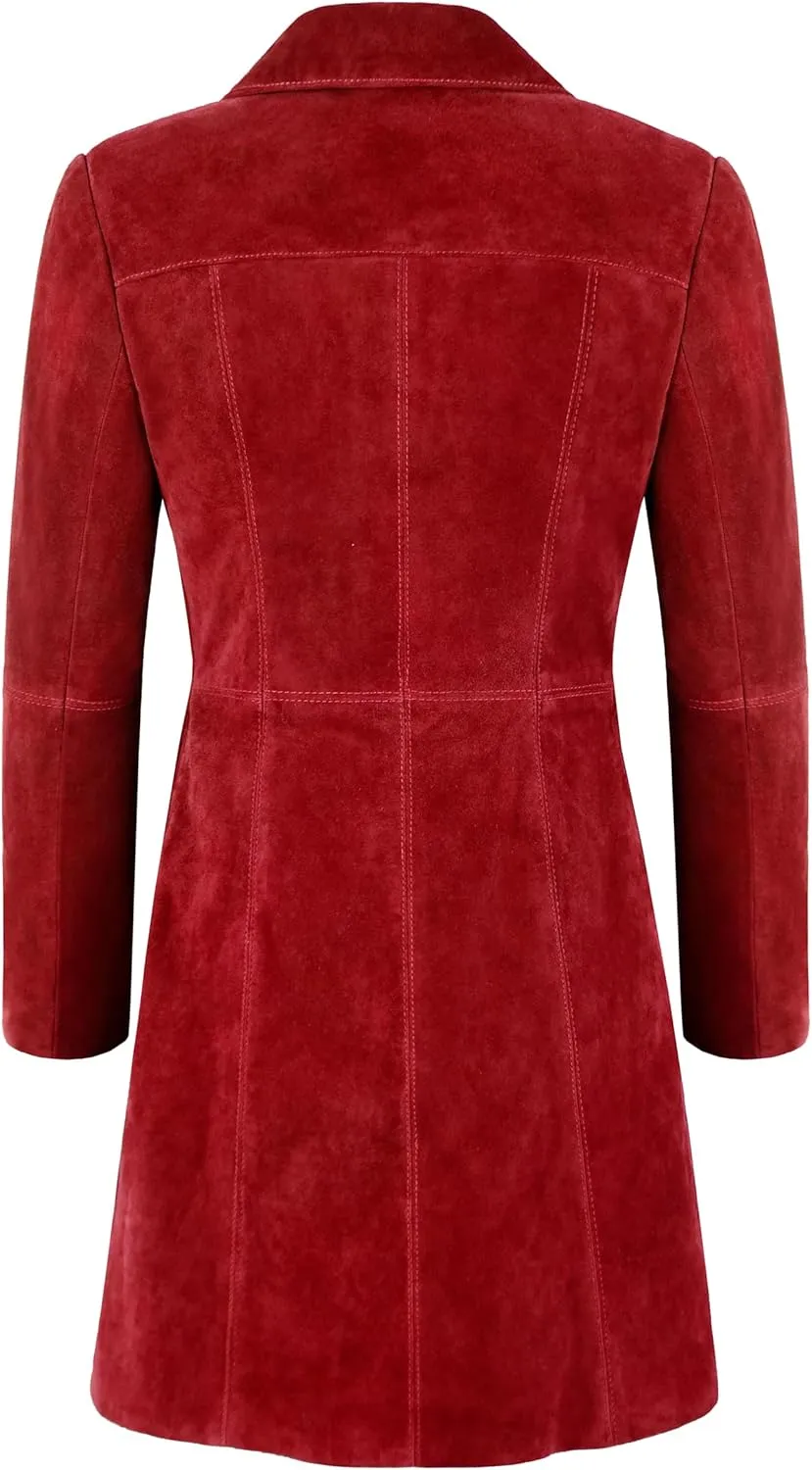 Women's Elegant Trench Coat Classic Real Suede Leather Knee-Length Slim Fit Coat 3457