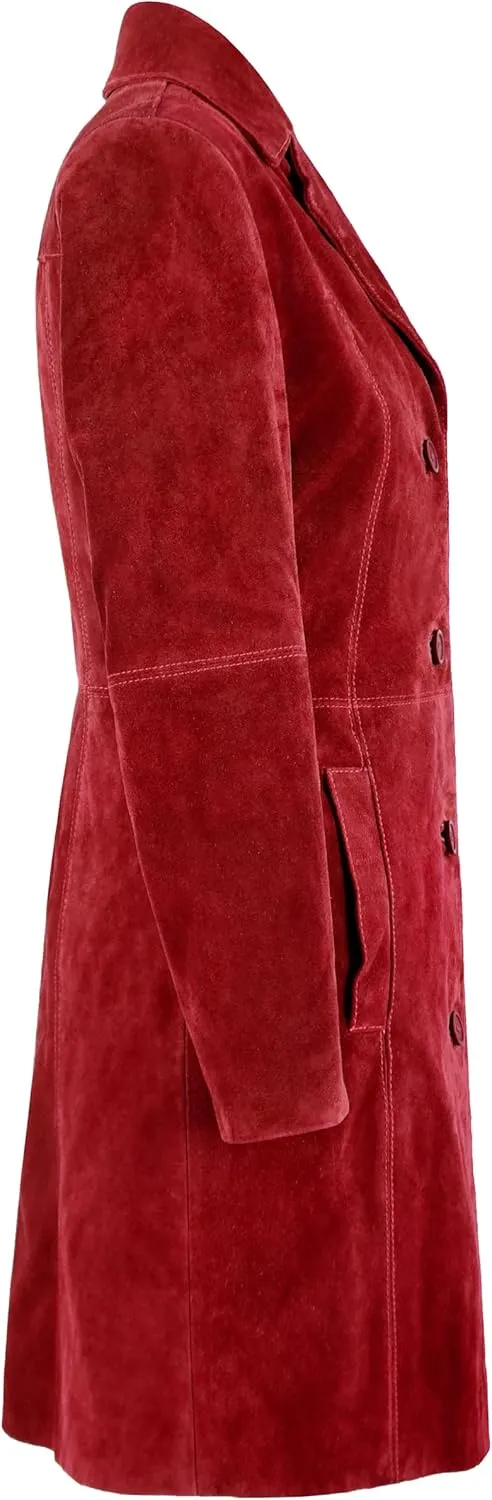 Women's Elegant Trench Coat Classic Real Suede Leather Knee-Length Slim Fit Coat 3457