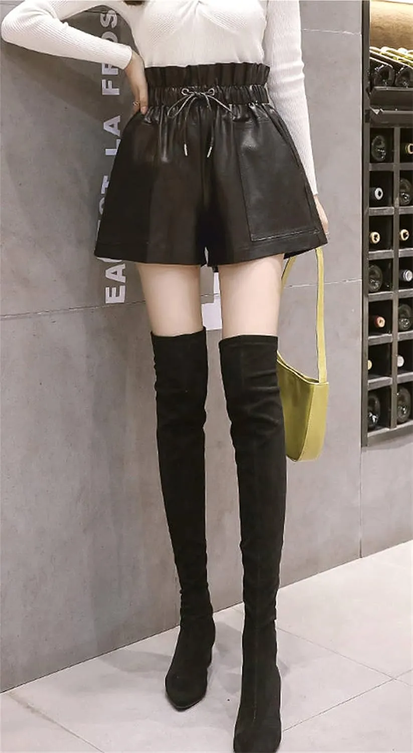 Womens Faux Leather Shorts High Waisted Drawstring Paperbag Leather Shorts