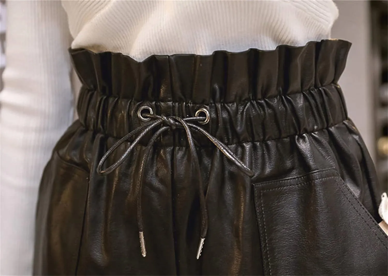 Womens Faux Leather Shorts High Waisted Drawstring Paperbag Leather Shorts