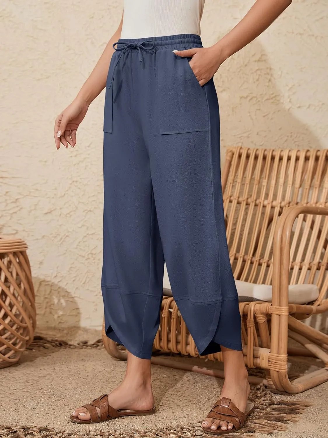 Women's Harem Cotton Linen Pants Wide Leg Barrel Baggy Sweatpants Palazzo Elastic Waist Trousers with Pockets Beach