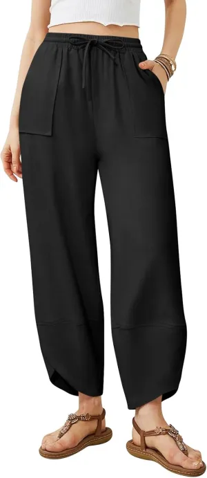 Women's Harem Cotton Linen Pants Wide Leg Barrel Baggy Sweatpants Palazzo Elastic Waist Trousers with Pockets Beach