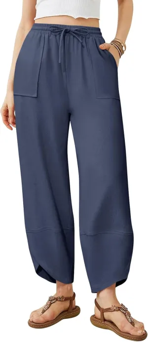 Women's Harem Cotton Linen Pants Wide Leg Barrel Baggy Sweatpants Palazzo Elastic Waist Trousers with Pockets Beach