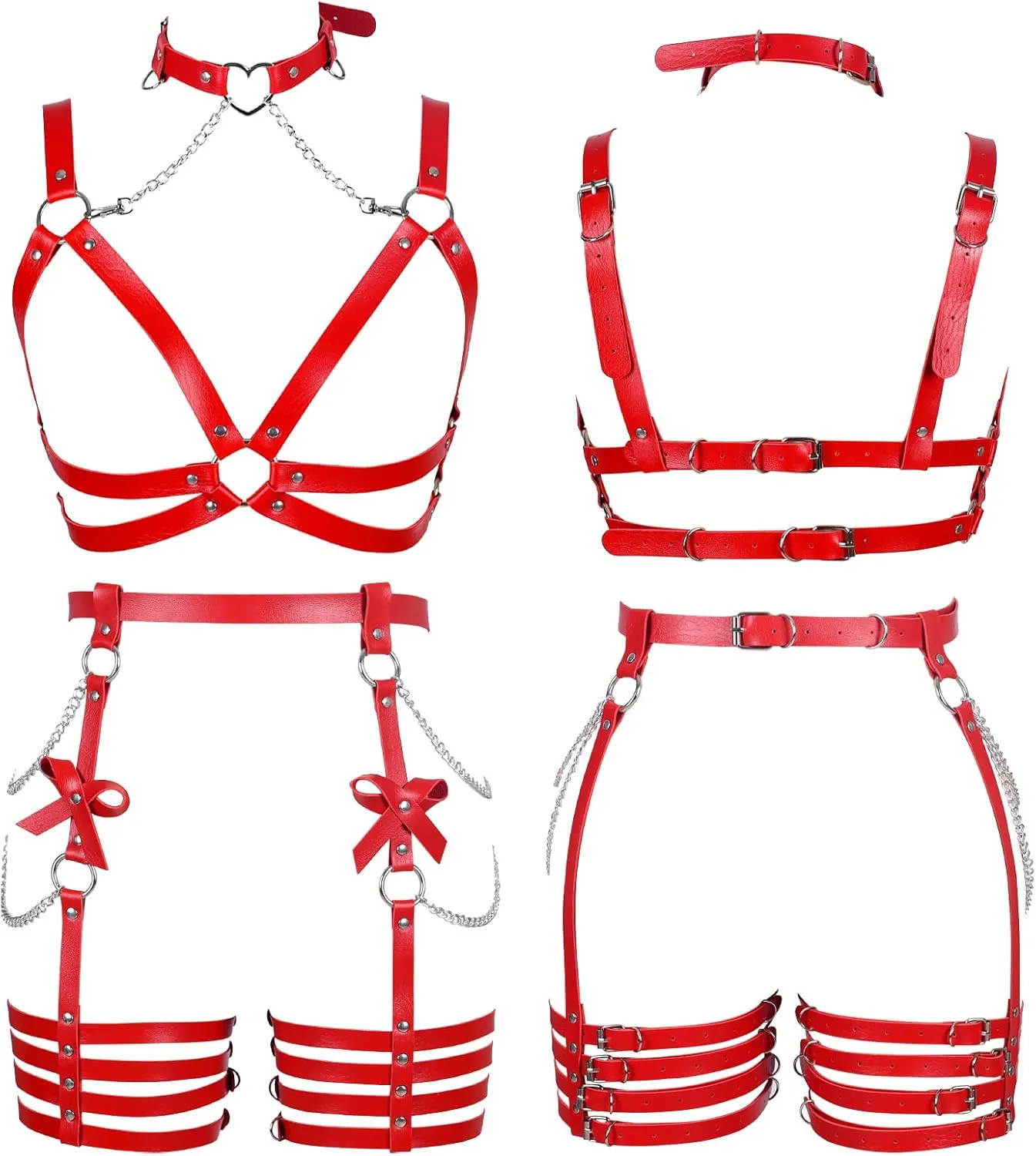 Womens Harness Leather Body Chain Bowknot Lingerie Garter Belts Set Hollow Out Christmas Dance Fashion Clothing
