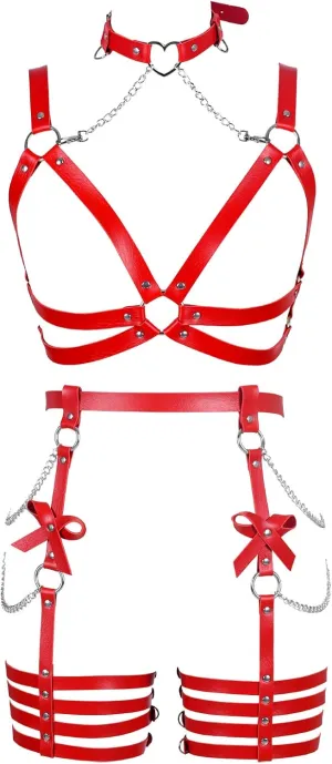 Womens Harness Leather Body Chain Bowknot Lingerie Garter Belts Set Hollow Out Christmas Dance Fashion Clothing