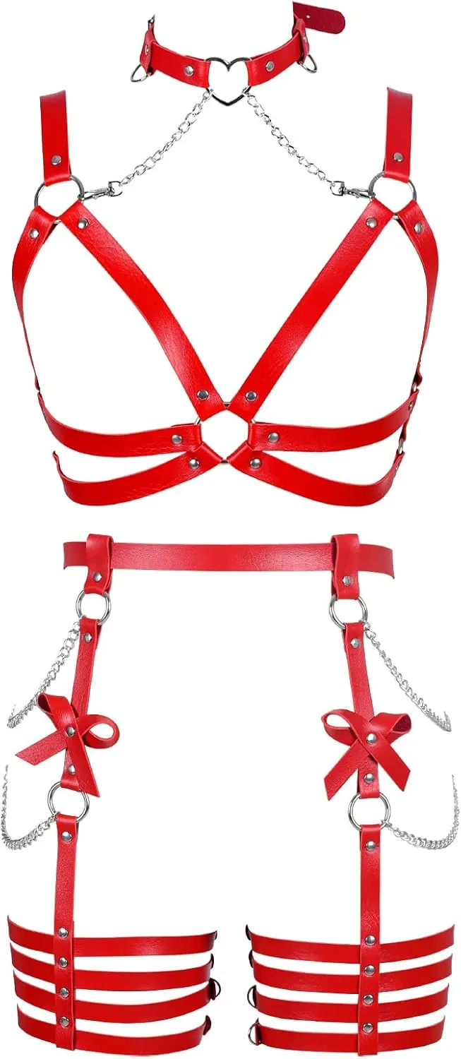 Womens Harness Leather Body Chain Bowknot Lingerie Garter Belts Set Hollow Out Christmas Dance Fashion Clothing