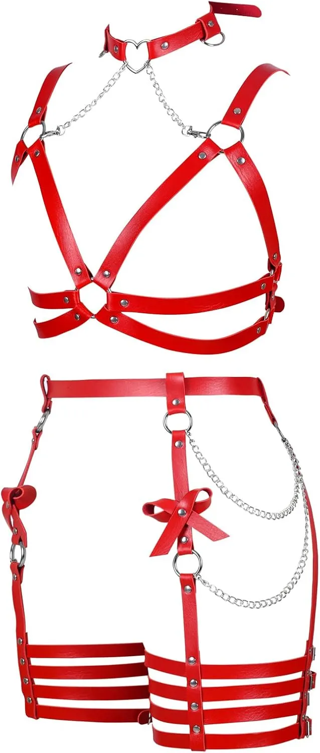 Womens Harness Leather Body Chain Bowknot Lingerie Garter Belts Set Hollow Out Christmas Dance Fashion Clothing