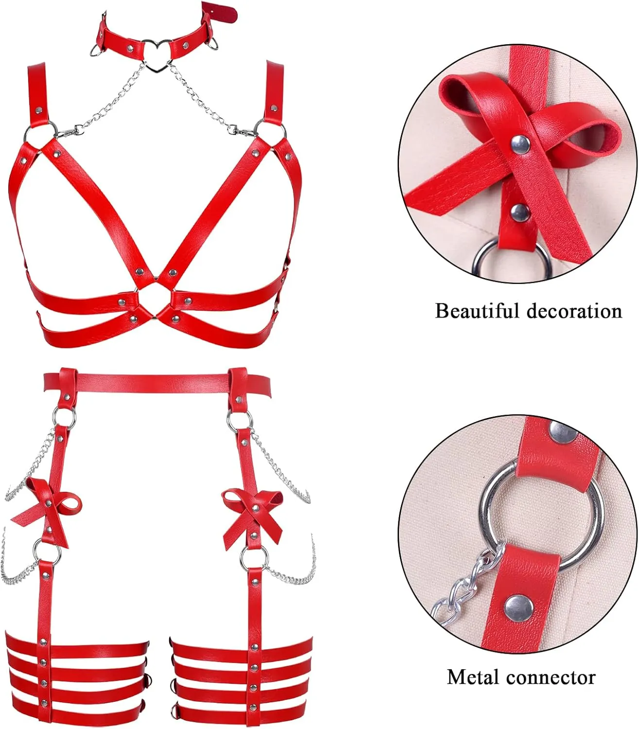 Womens Harness Leather Body Chain Bowknot Lingerie Garter Belts Set Hollow Out Christmas Dance Fashion Clothing
