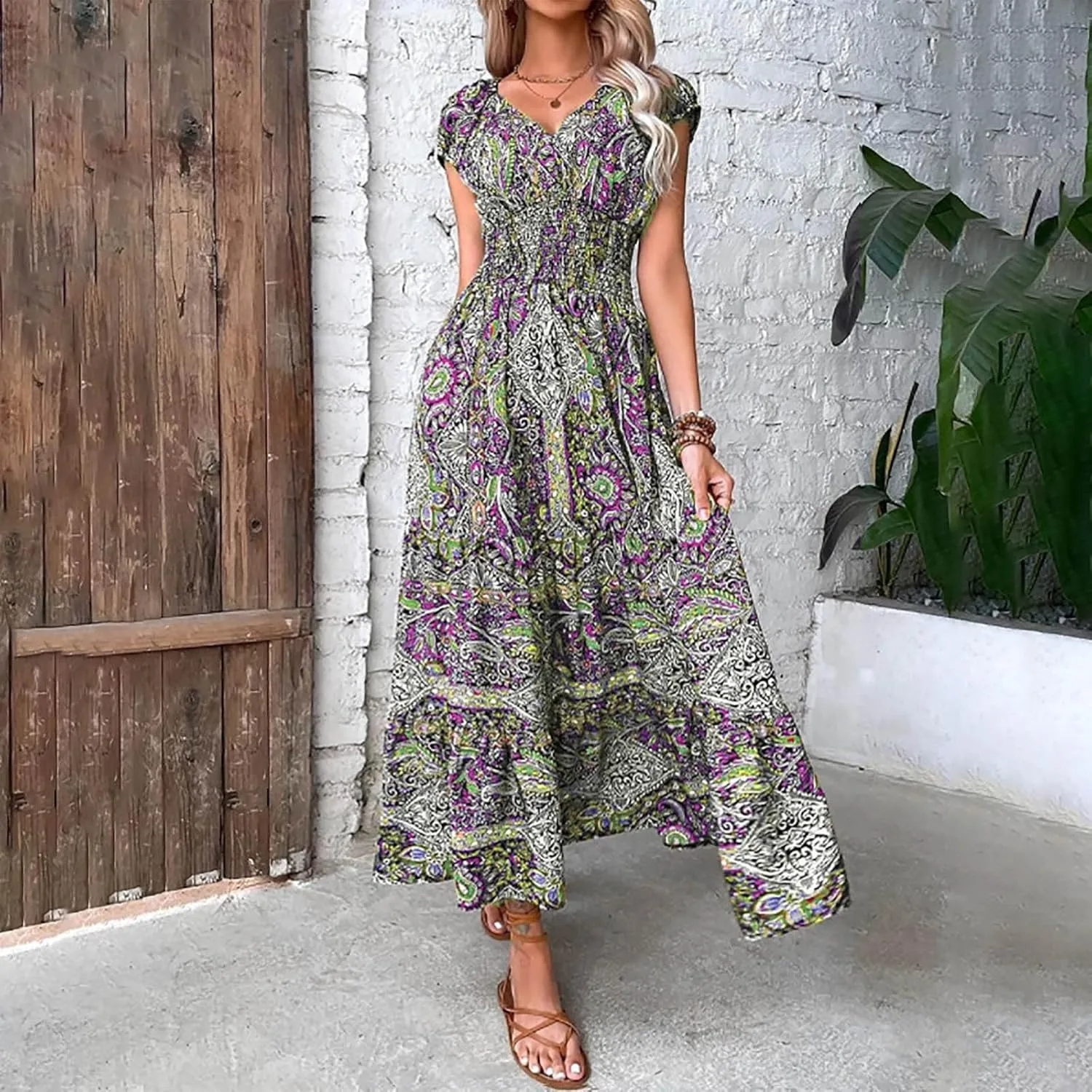 Women's Hawaiian Beach Maxi Dress Fashion Boho Print Dress Summer Casual Short Sleeve Dress Vacation Flowy Long Dress