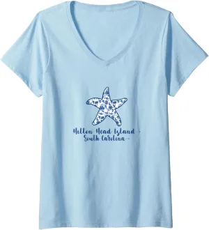 Womens Hilton Head Island SC Girls Beach Vacation Shirt Starfish V-Neck T-Shirt
