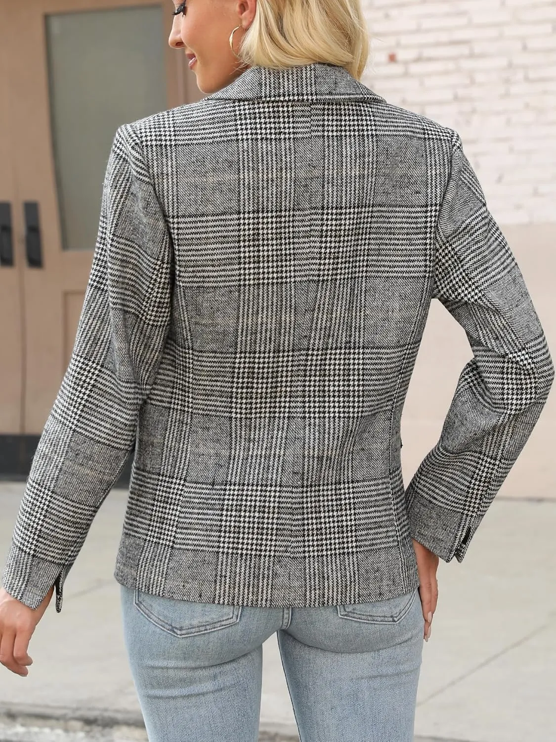 Womens Houndstooth Plaid 2 Button Blazer Jacket Notch Lapel Business Casual Long Sleeve Office Blazer