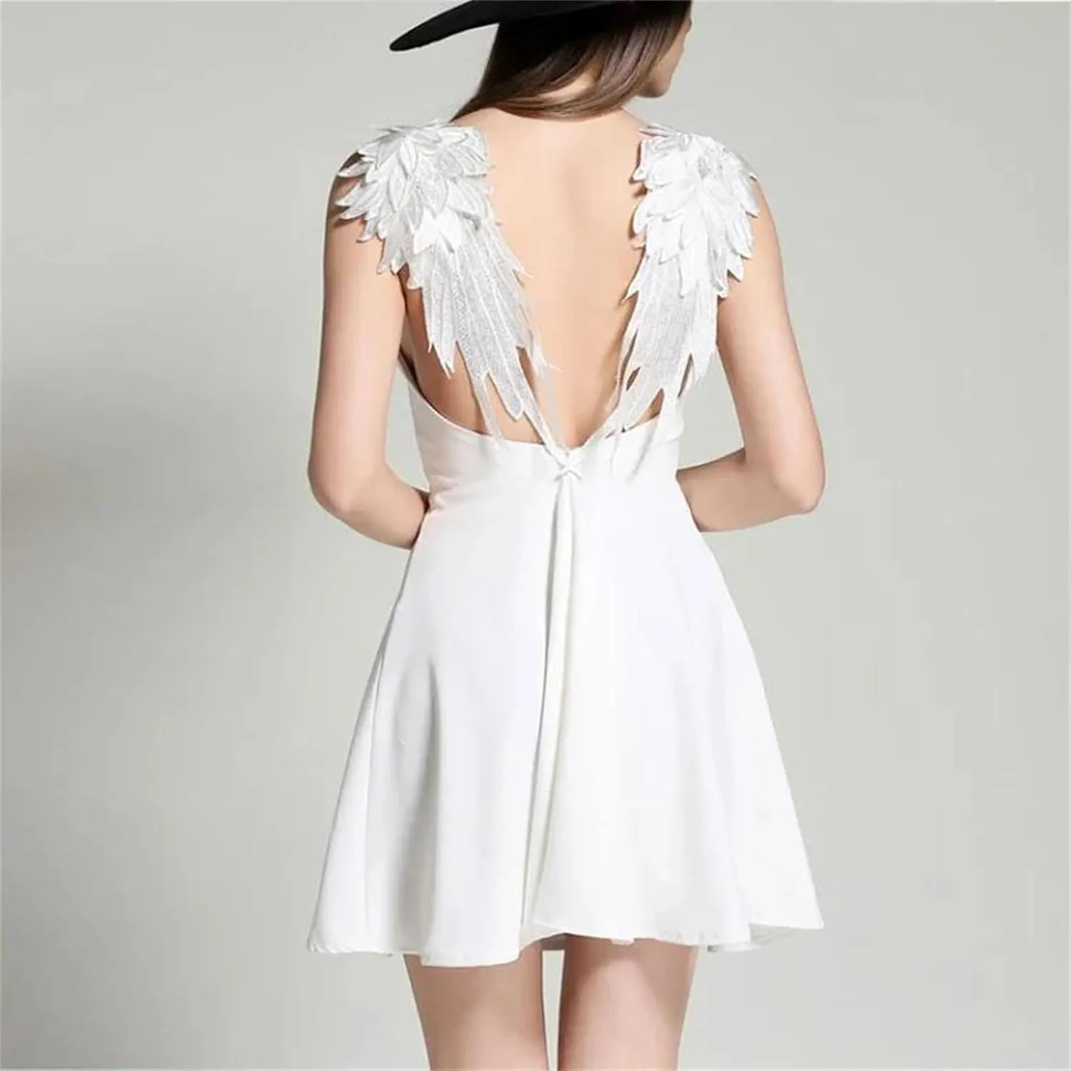 Women's Lace Wings Decorative Dress V-Neck Sleeveless Casual Slim Backless Party Beach Strap Dress
