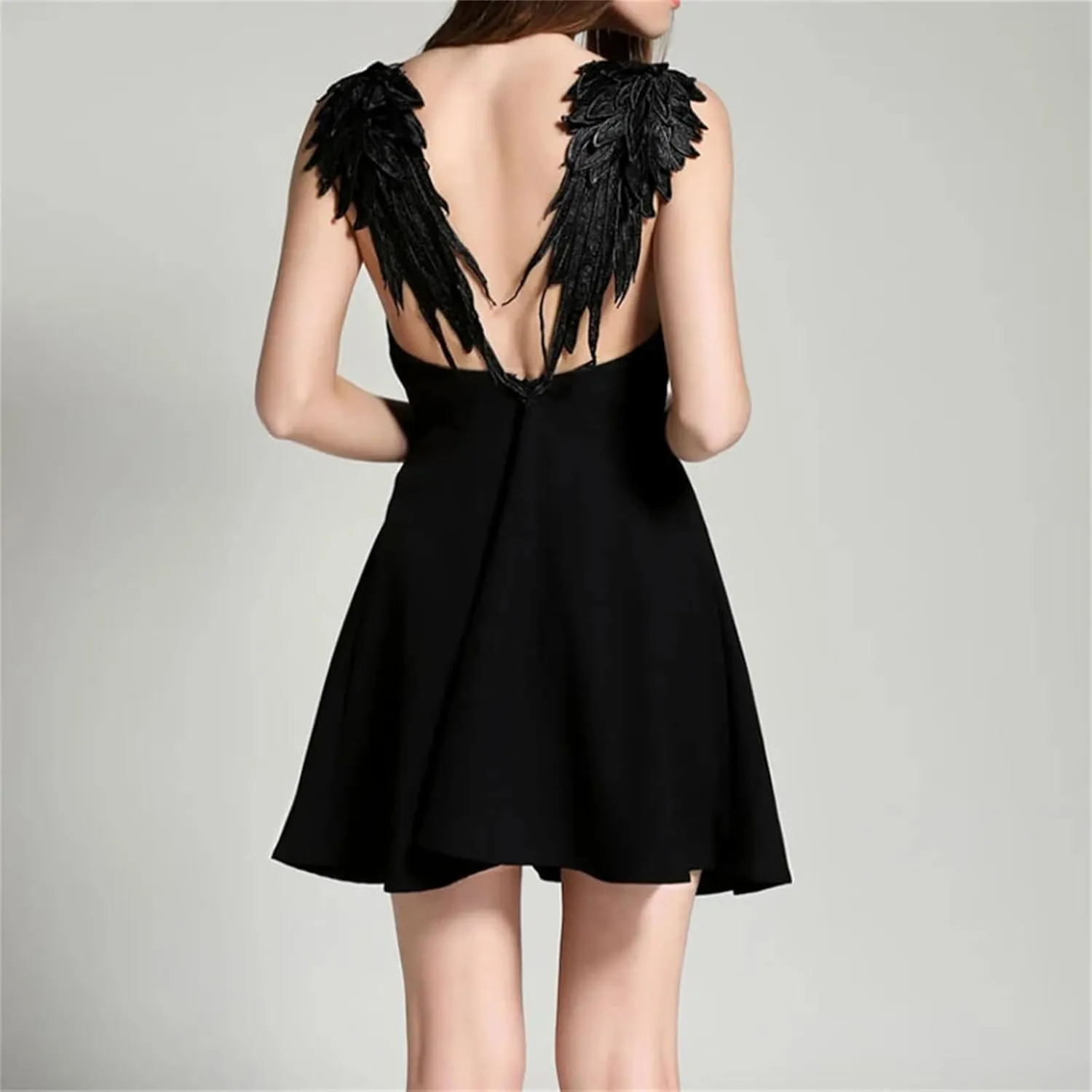 Women's Lace Wings Decorative Dress V-Neck Sleeveless Casual Slim Backless Party Beach Strap Dress