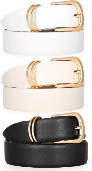 Women's Leather Belts for Jeans Dresses Ladies Waist Belt with Fashion Gold Buckle, D-Black White Beige