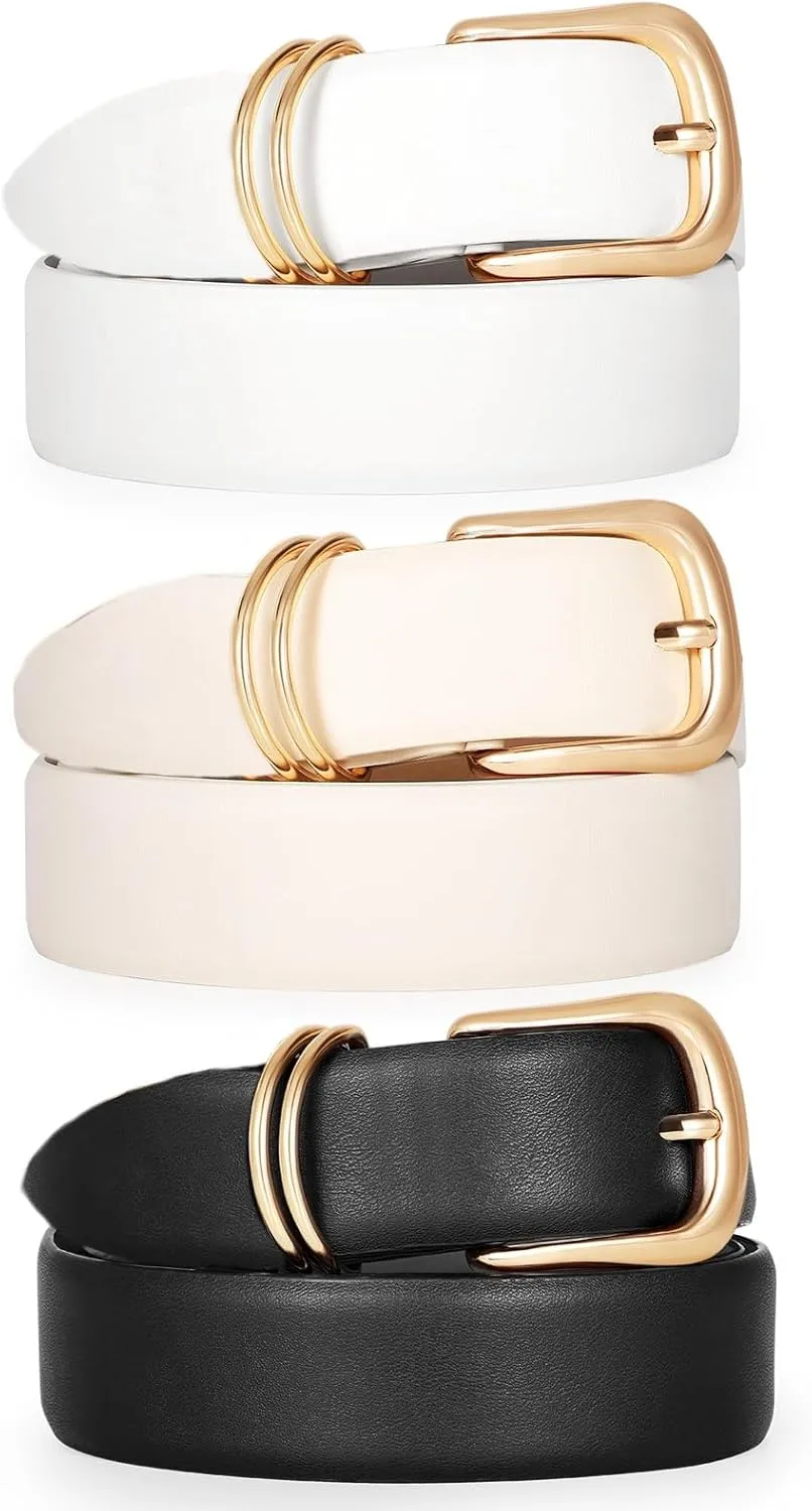 Women's Leather Belts for Jeans Dresses Ladies Waist Belt with Fashion Gold Buckle, D-Black White Beige