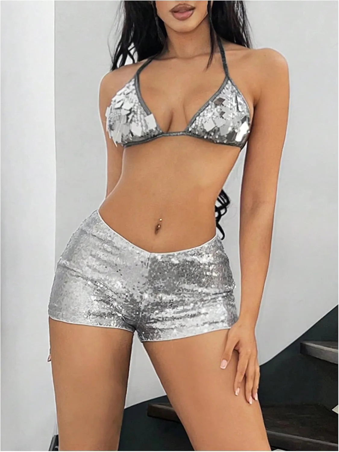 Women's Leopard Sequin Mini Shorts Drop Waist Skinny Y2K Shorts Club Rave Bottoms