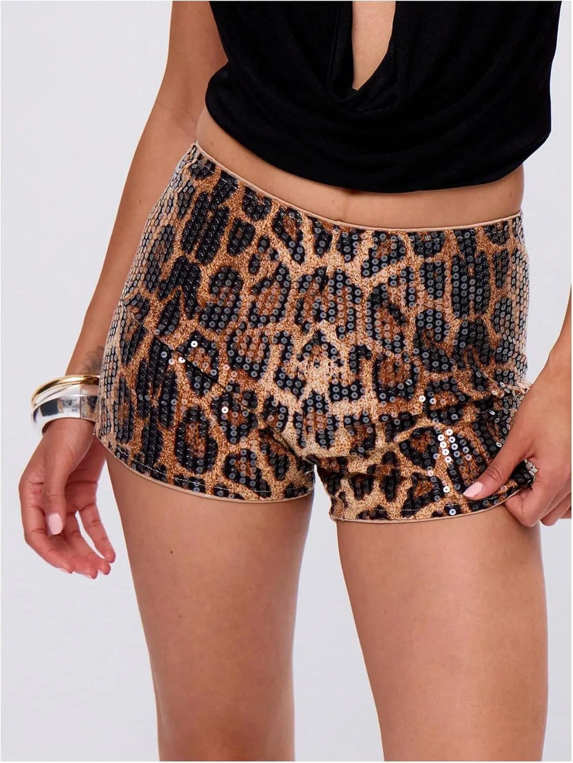 Women's Leopard Sequin Mini Shorts Drop Waist Skinny Y2K Shorts Club Rave Bottoms