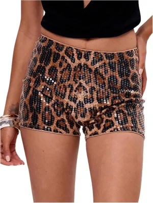 Women's Leopard Sequin Mini Shorts Drop Waist Skinny Y2K Shorts Club Rave Bottoms