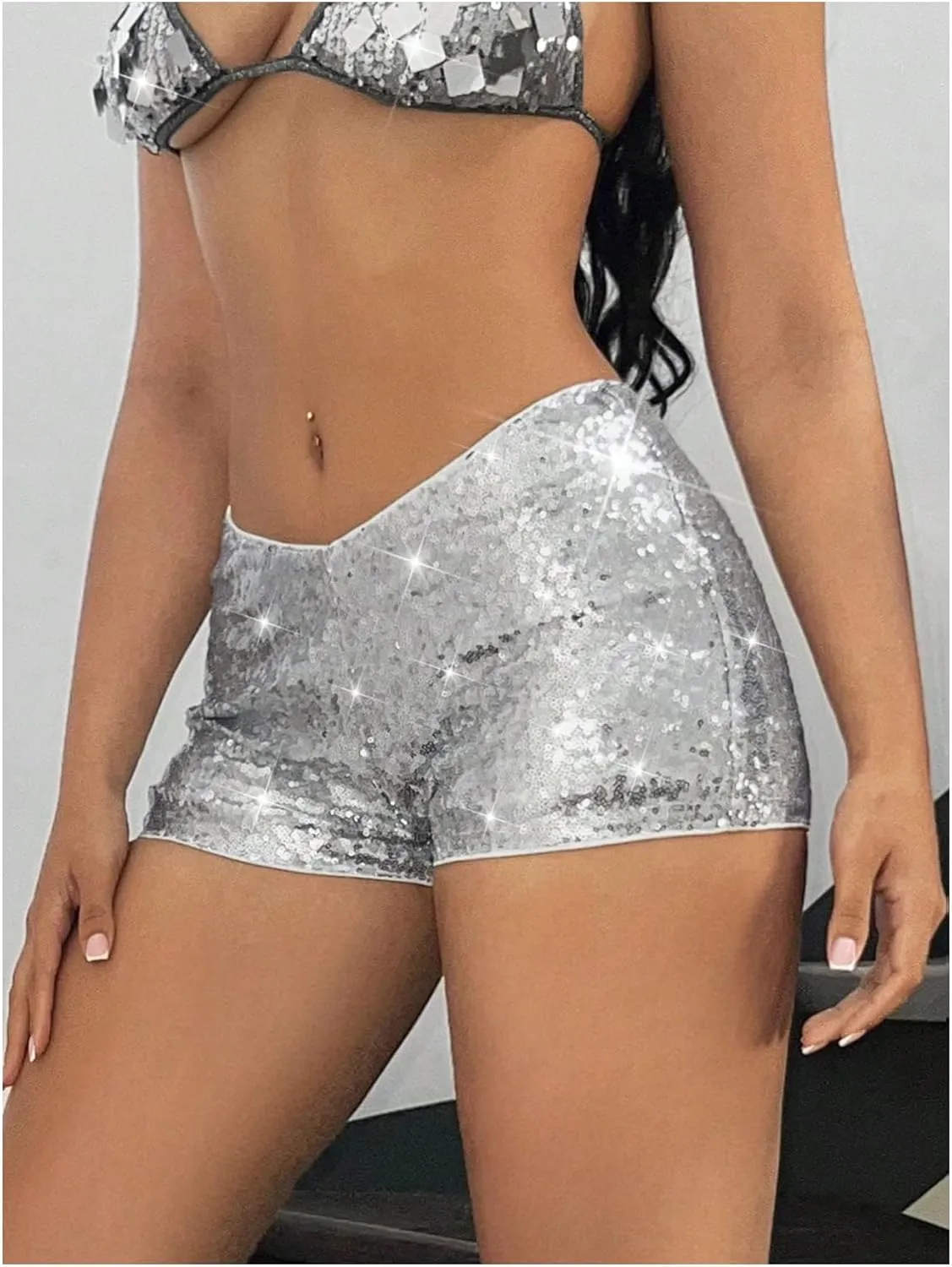 Women's Leopard Sequin Mini Shorts Drop Waist Skinny Y2K Shorts Club Rave Bottoms