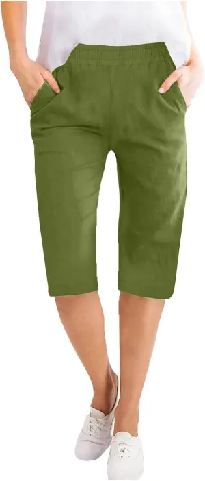 Womens Linen Bermuda Shorts High Waist Baggy Knee Length Paperbag Shorts Summer Casual Vintage Flowy Active Shorts