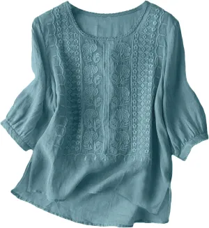 Women's Linen Blouse Tops Summer Shirts Loose Casual Work Tops Blouses Cotton Blouse Linen Shirt Roll Up Sleeve