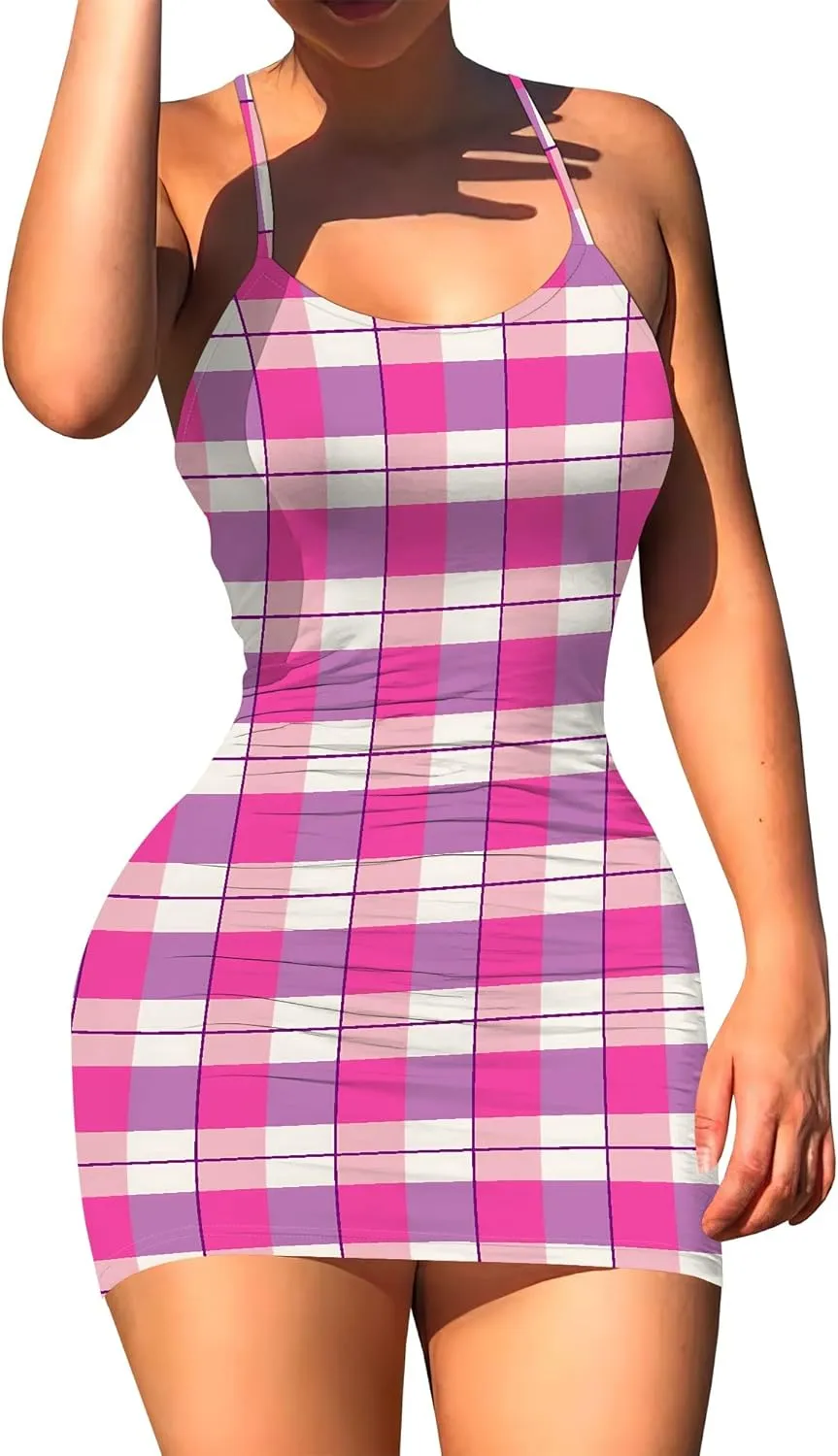 Women's Mini Sexy Bodycon Dress Summer Beach Sundress Ruched A-Line Spaghetti Strap Printed Wrap Party Club Dresses