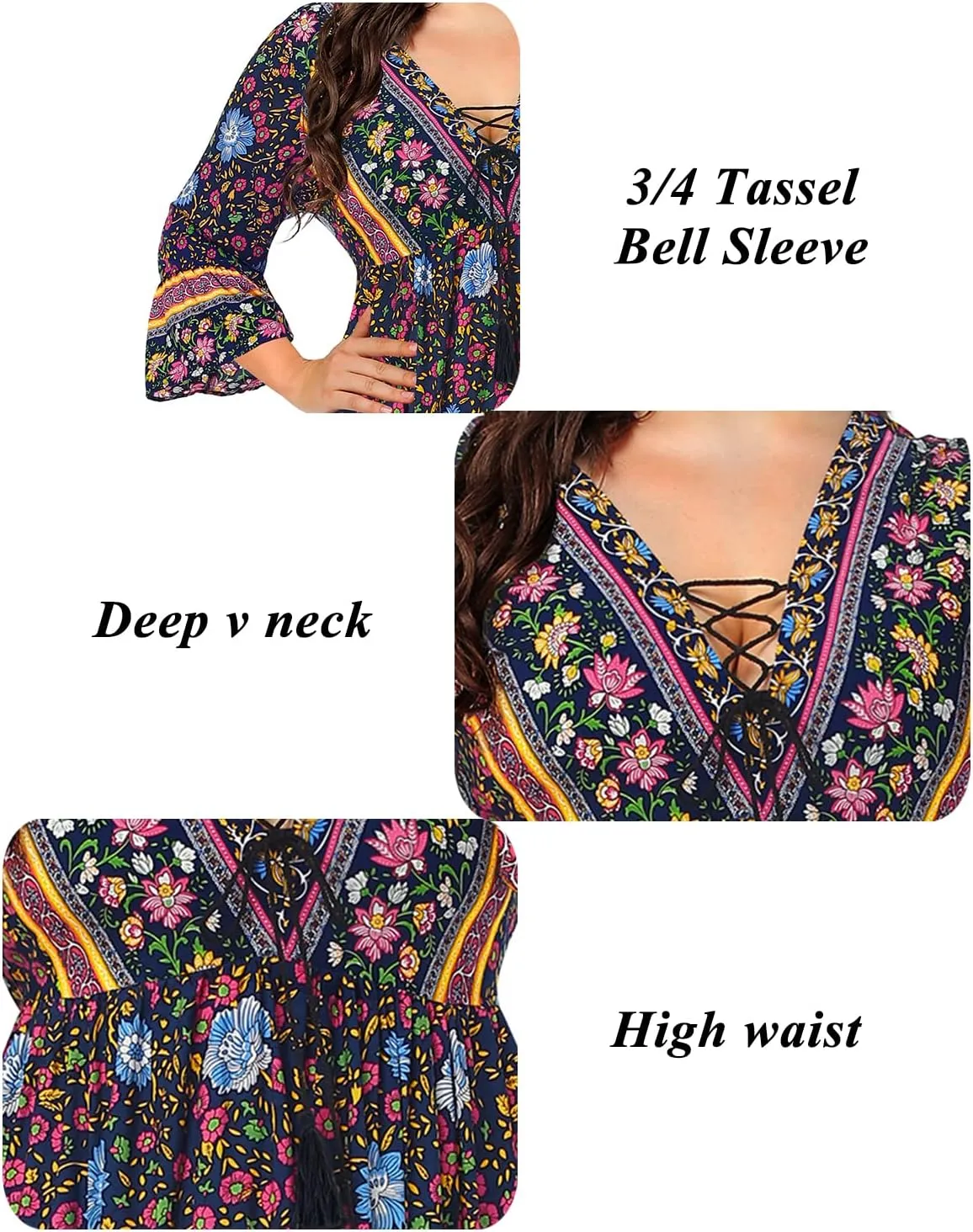 Women's Plus Size Boho Dress Floral V Neck Tassel Bell Sleeve Casual Summer Beach Flowy Mini Dress