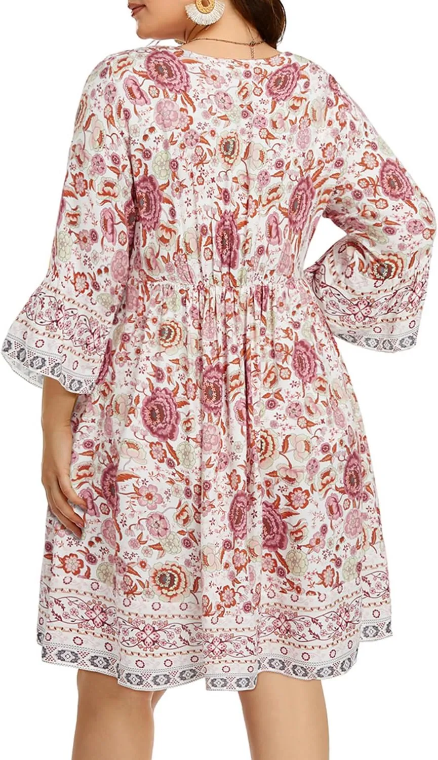 Women's Plus Size Boho Dress Floral V Neck Tassel Bell Sleeve Casual Summer Beach Flowy Mini Dress