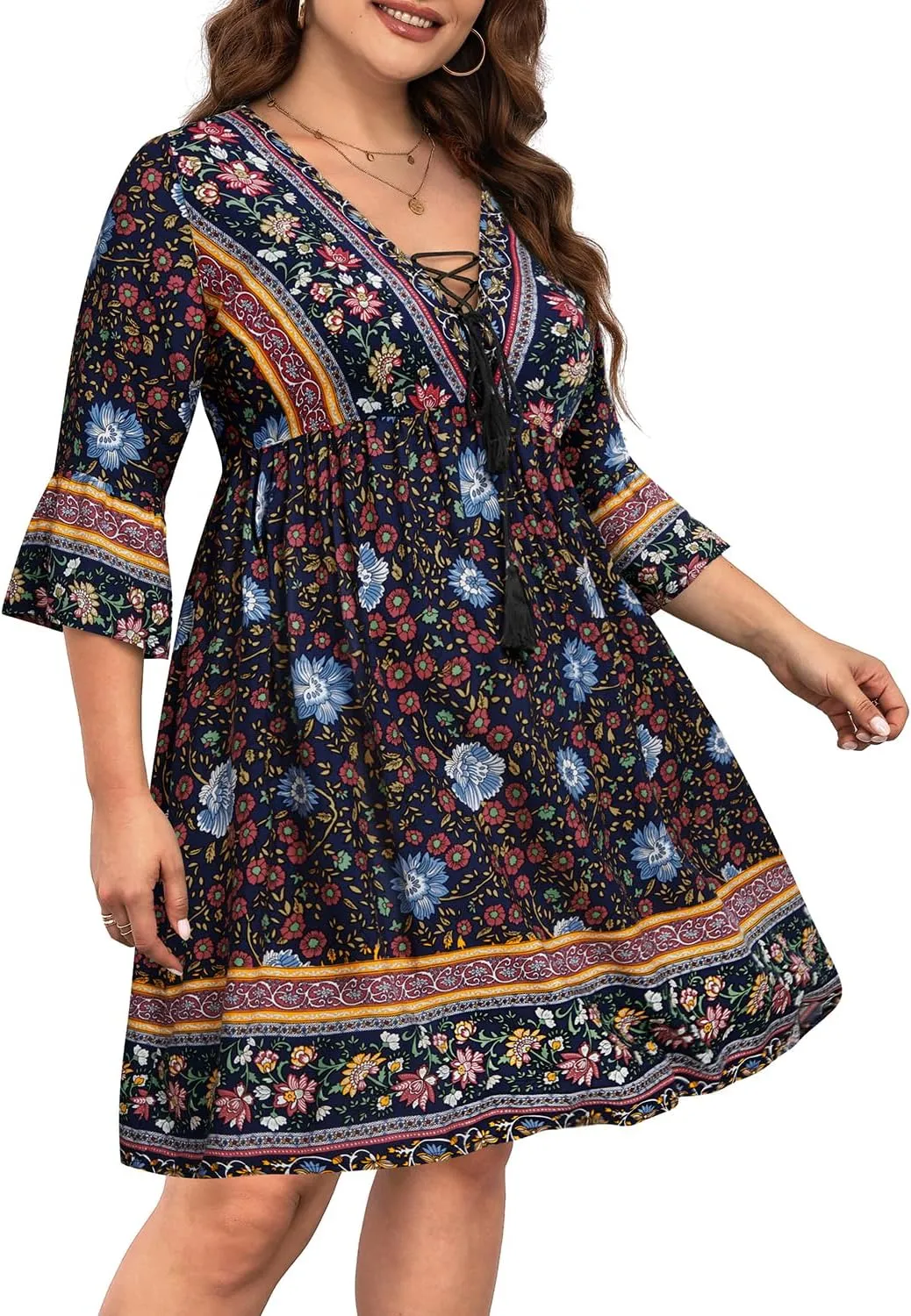 Women's Plus Size Boho Dress Floral V Neck Tassel Bell Sleeve Casual Summer Beach Flowy Mini Dress