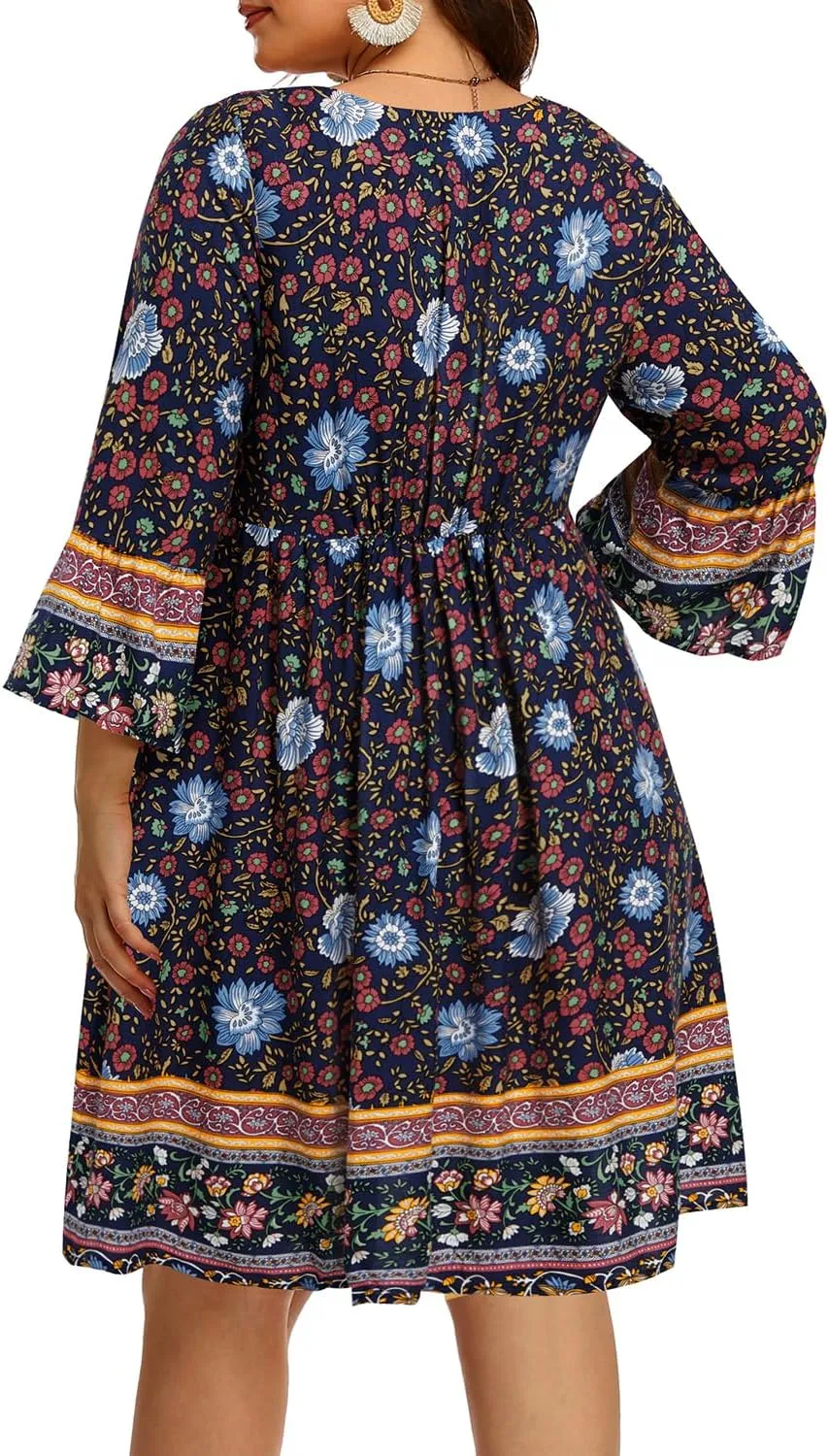 Women's Plus Size Boho Dress Floral V Neck Tassel Bell Sleeve Casual Summer Beach Flowy Mini Dress