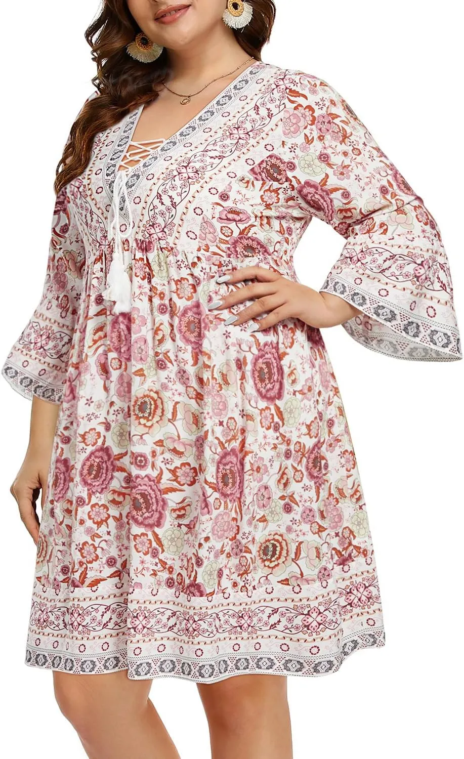 Women's Plus Size Boho Dress Floral V Neck Tassel Bell Sleeve Casual Summer Beach Flowy Mini Dress
