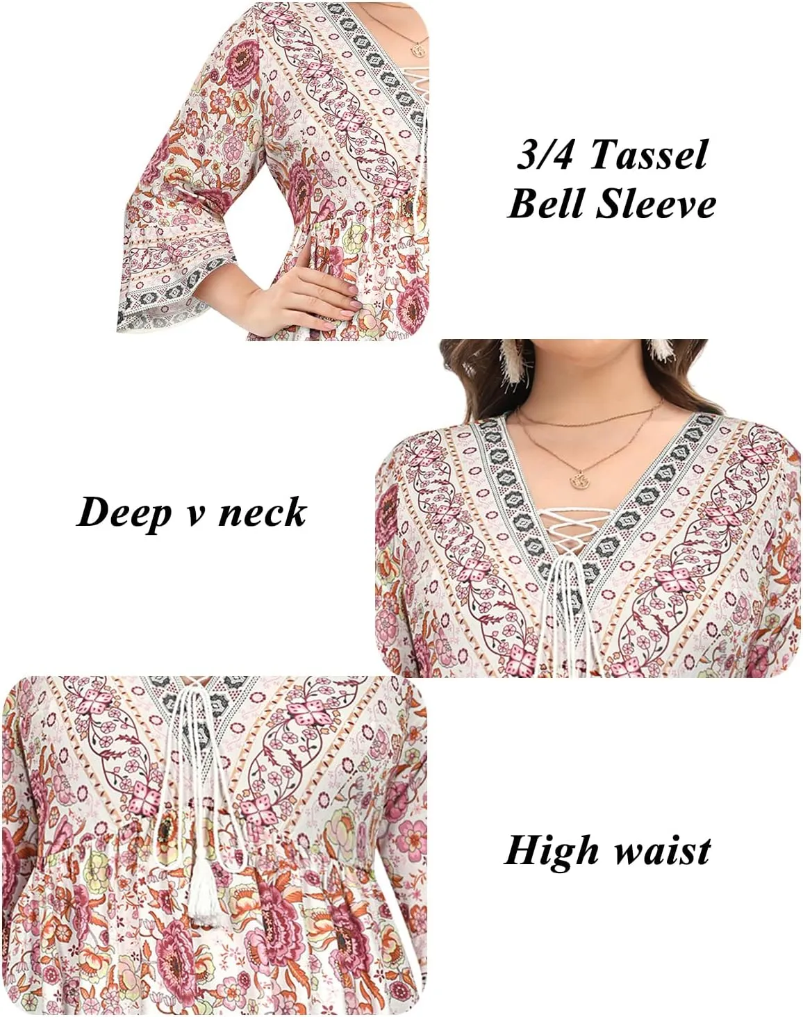 Women's Plus Size Boho Dress Floral V Neck Tassel Bell Sleeve Casual Summer Beach Flowy Mini Dress