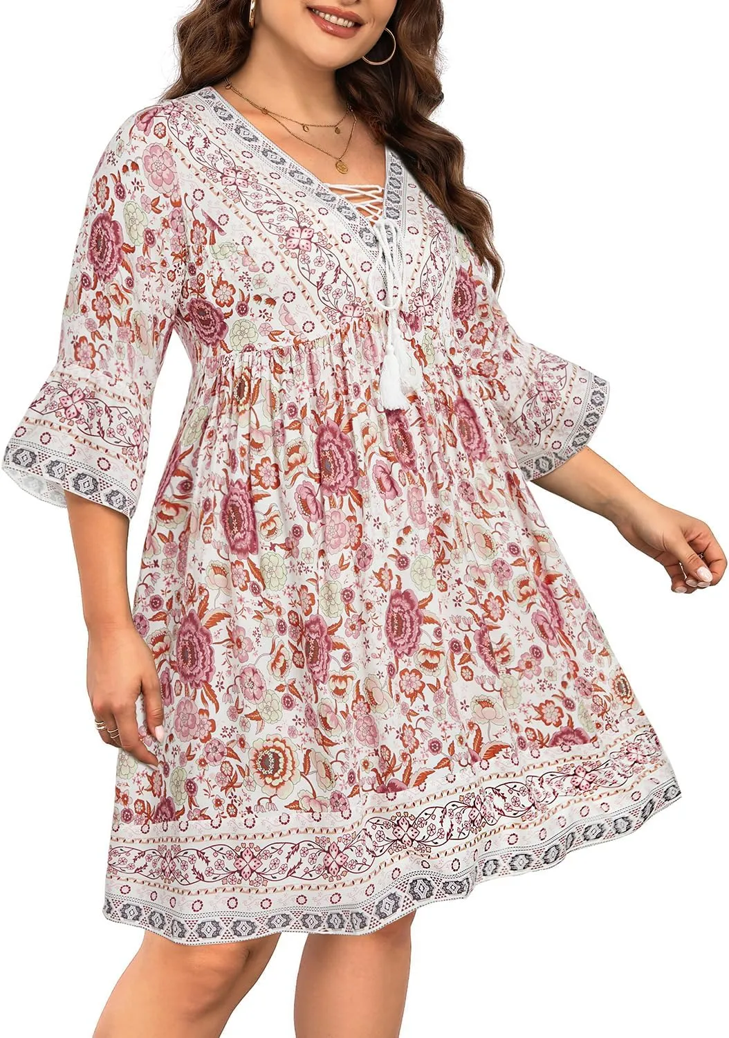 Women's Plus Size Boho Dress Floral V Neck Tassel Bell Sleeve Casual Summer Beach Flowy Mini Dress