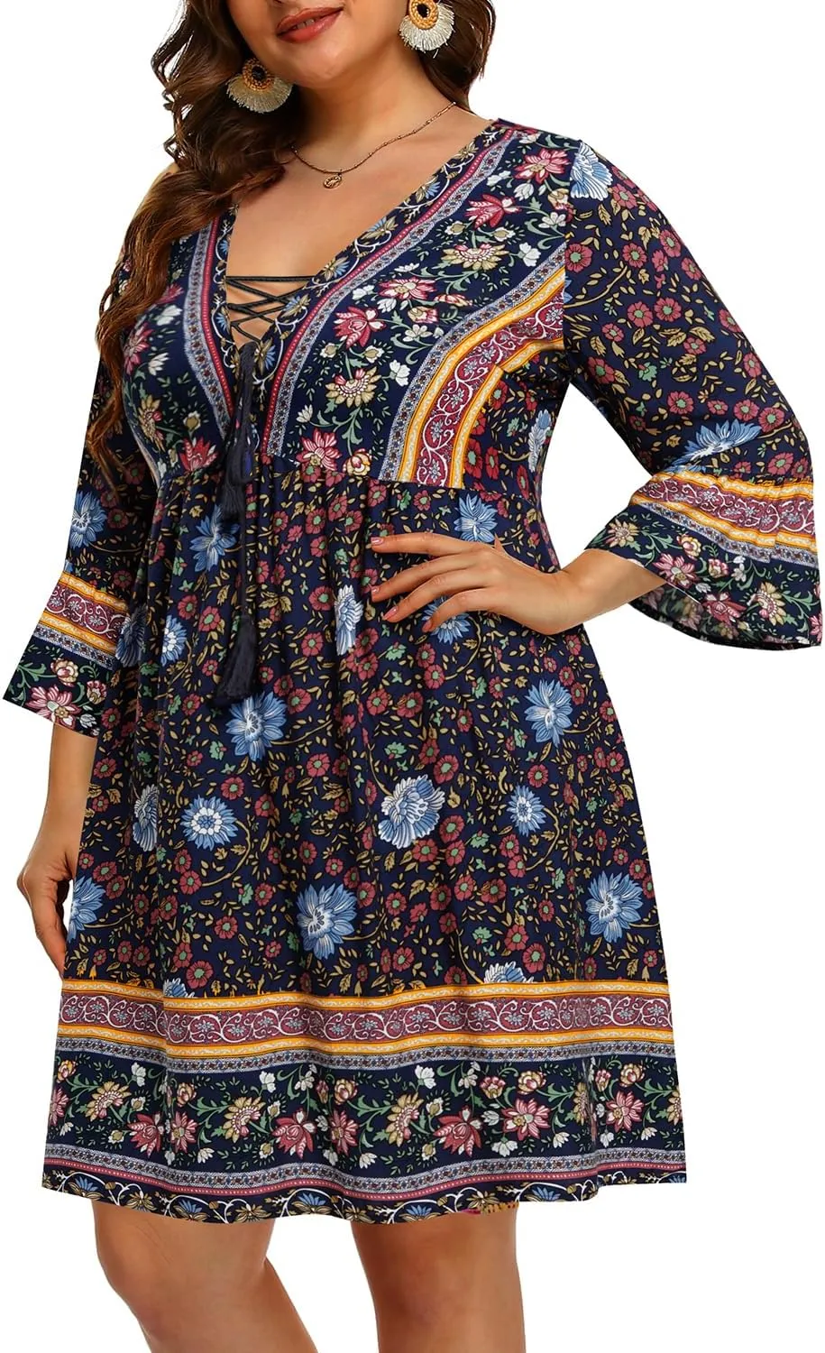Women's Plus Size Boho Dress Floral V Neck Tassel Bell Sleeve Casual Summer Beach Flowy Mini Dress