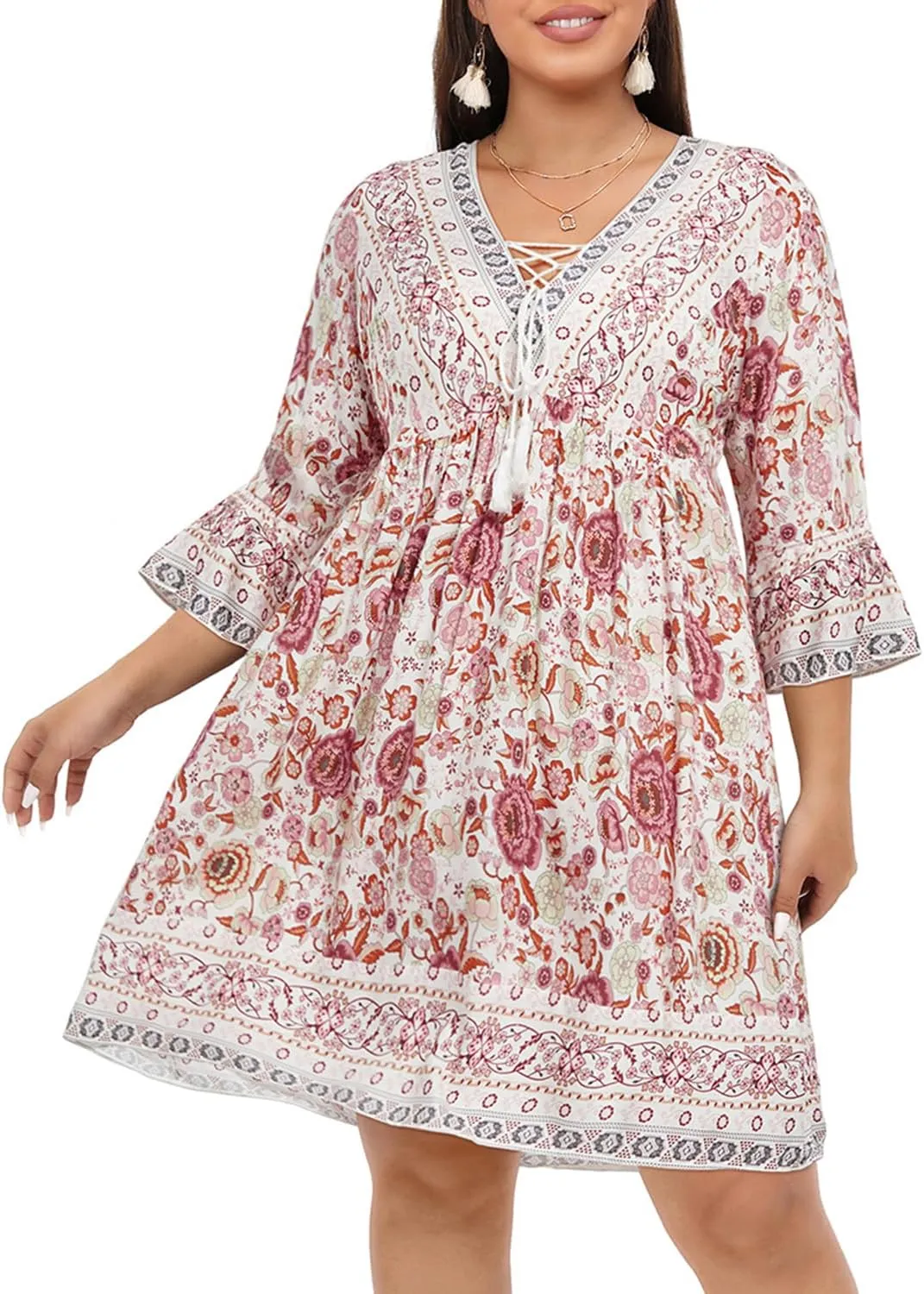 Women's Plus Size Boho Dress Floral V Neck Tassel Bell Sleeve Casual Summer Beach Flowy Mini Dress