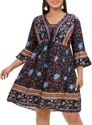 Women's Plus Size Boho Dress Floral V Neck Tassel Bell Sleeve Casual Summer Beach Flowy Mini Dress